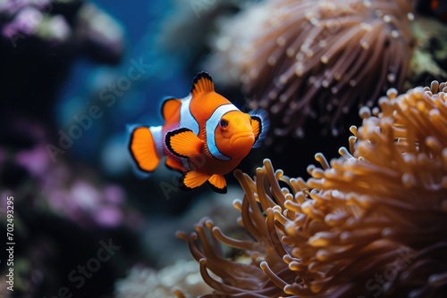 An orange clown fish gracefully swimming in a vibrant aquarium. Perfect for adding a touch of color and life to any aquatic-themed project or decoration
