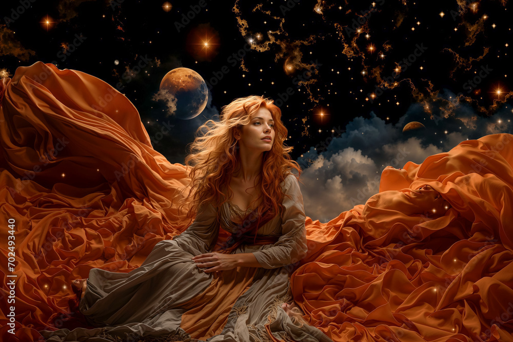 Naklejka premium fantasy style image of a beautiful red haired woman in front of the space with stars and planets