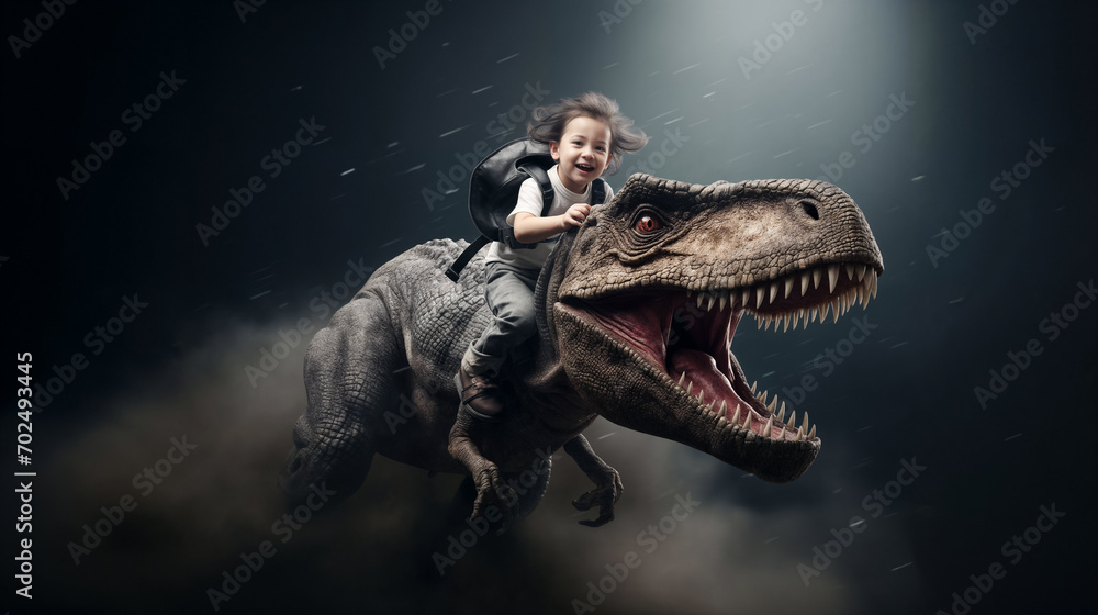 Obraz premium fantasy image of a young boy with backpack riding on a tyrannosaurus rex