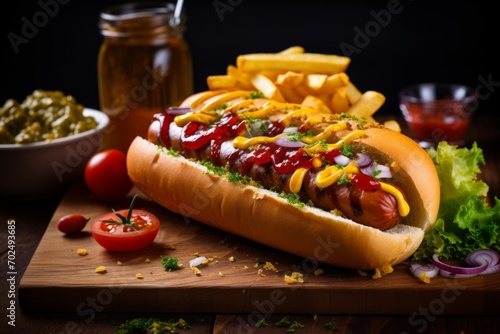 A mouth-watering arrangement of Frankfurters in buns, garnished and ready to be enjoyed, served with pickles and chips on a rustic table
