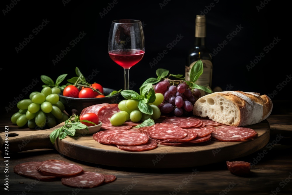 A tantalizing view of a rustic salami platter, complemented by basil, olives, and a glass of wine A tantalizing view of a rustic salami platter, complemented by basil, olives, and a glass of wine