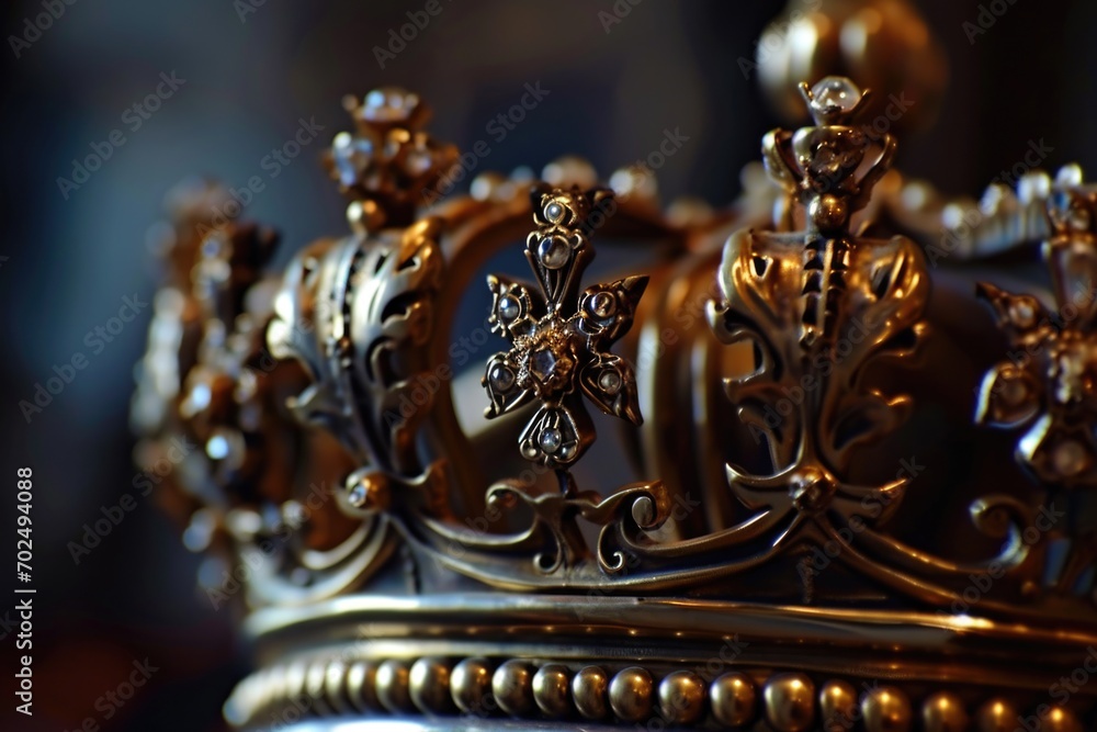 A gold crown resting on a table. Suitable for royalty, monarchy, or luxury-themed designs A gold crown resting on a table. Suitable for royalty, monarchy, or luxury-themed designs