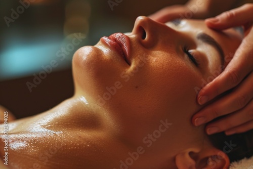 A woman is shown receiving a relaxing facial massage at a spa. This image can be used to promote self-care, wellness, and beauty treatments
