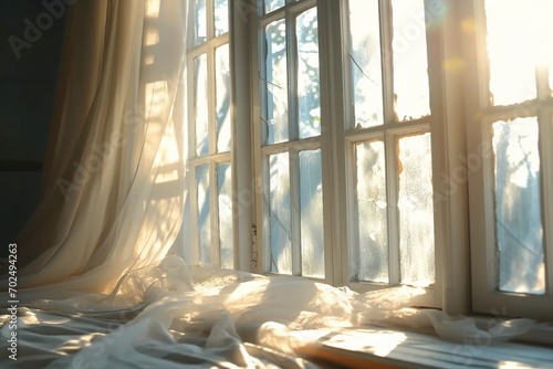 wind blows through the open window in the room. Waving white tulle near the window. Morning sun lighting the room, shadow background overlays. generative ai. © SEUNGJIN
