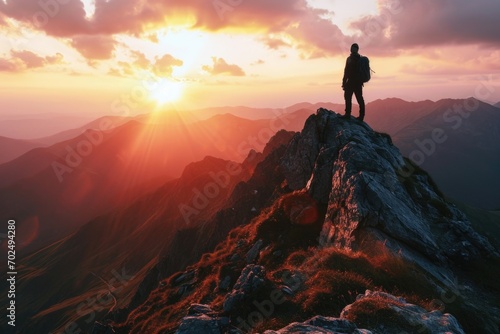 A person standing on top of a mountain, enjoying the breathtaking sunset. Perfect for travel and adventure themes