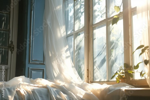 wind blows through the open window in the room. Waving white tulle near the window. Morning sun lighting the room, shadow background overlays. generative ai. photo