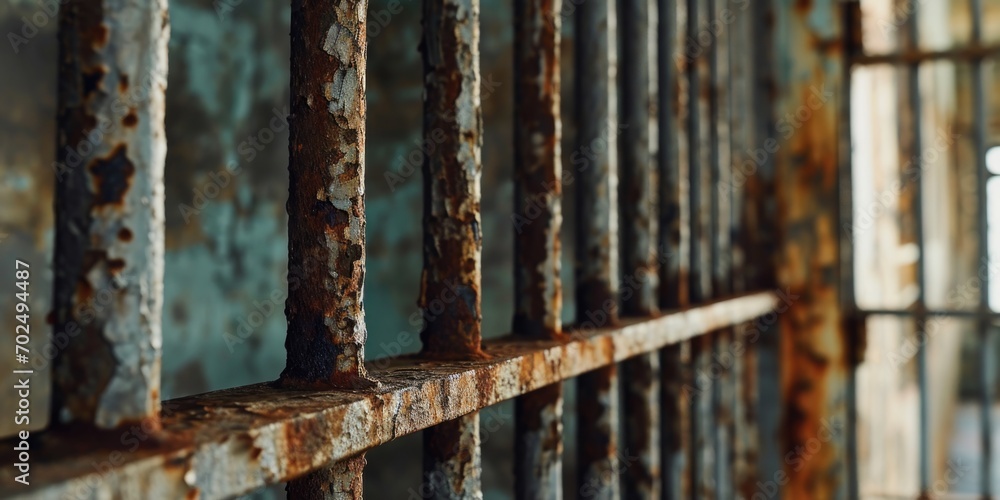 A photograph of a rusted iron fence in an abandoned building. This image can be used to depict decay, abandonment, or urban exploration A photograph of a rusted iron fence in an abandoned building. This image can be used to depict decay, abandonment, or urban exploration