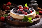 Gourmet Sernik, a creamy cheesecake from Poland, beautifully presented with fresh berries on a wooden table