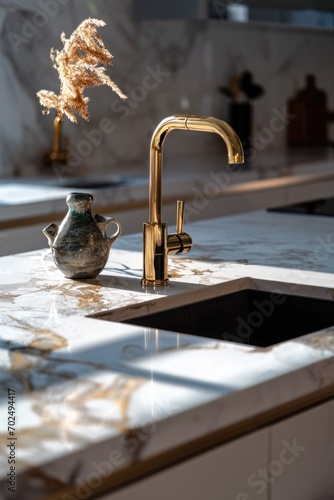 A kitchen sink with a gold faucet. Ideal for home improvement and interior design projects