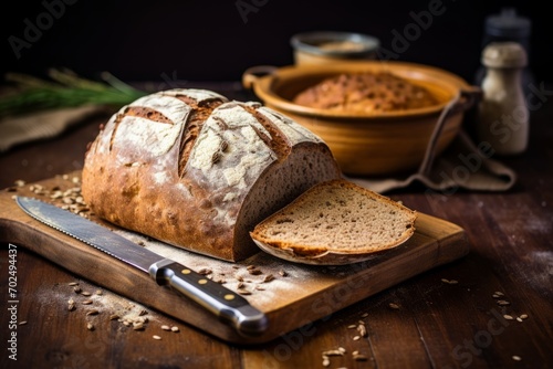 A healthy gluten-free bread loaf, fresh out of the oven, sitting on a wooden table with flour and a bread knife photo