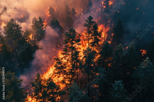 A fire is burning through the trees in the woods. This image can be used to illustrate the destructive power of wildfires and the importance of fire safety