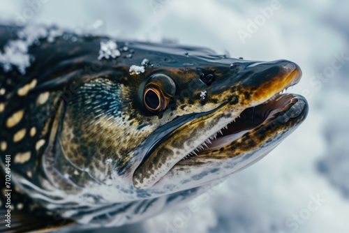 A close-up view of a fish in the snowy environment. Perfect for winter-themed designs and nature-related projects