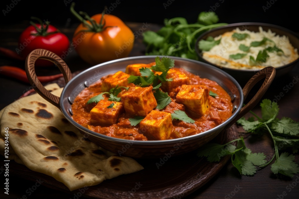 A feast for the senses: Traditional Indian paneer meal with naan bread and a side of spicy vegetable curry