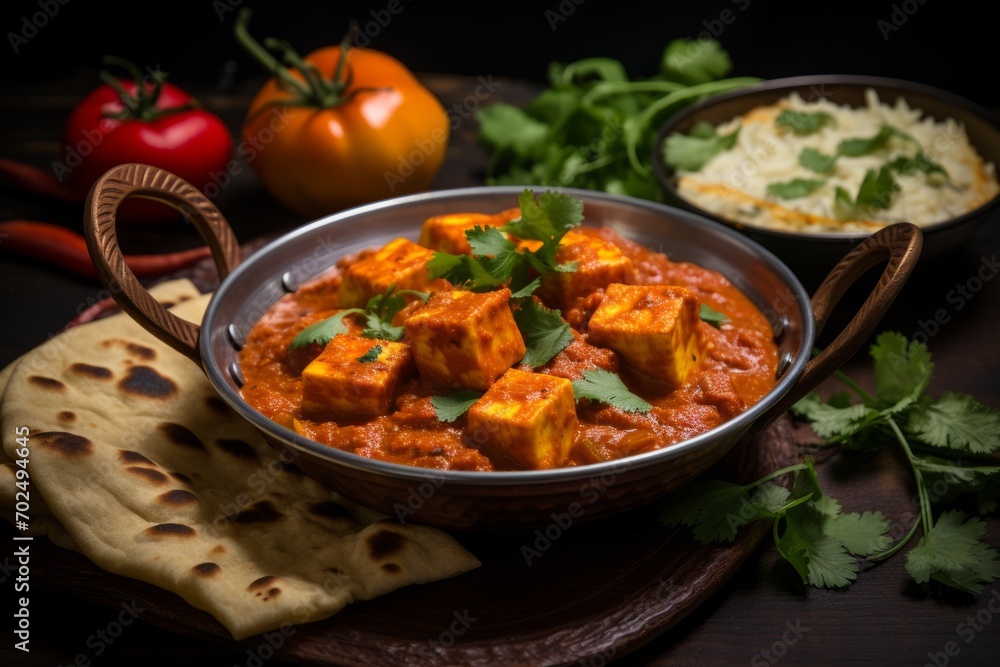 A feast for the senses: Traditional Indian paneer meal with naan bread and a side of spicy vegetable curry A feast for the senses: Traditional Indian paneer meal with naan bread and a side of spicy vegetable curry