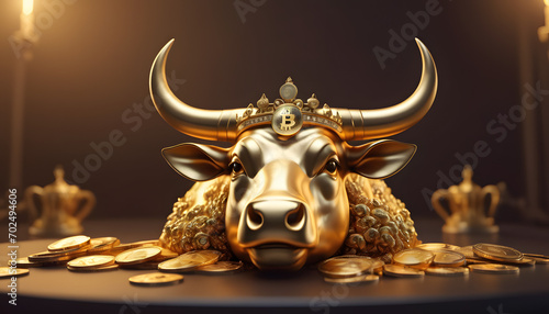 golden bull with golden crown Generative AI photo