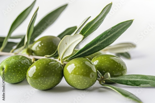 A bunch of green olives on a branch with leaves. Perfect for food and cooking-related projects