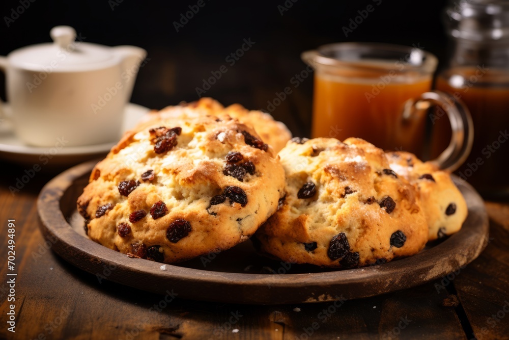 A comforting scene of traditional rock cakes, a cup of tea, and a vintage teapot on a rustic wooden table