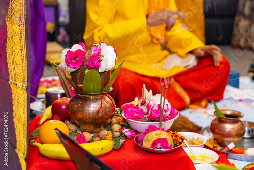 Indian Hindu wedding pooja ceremony ritual items close up