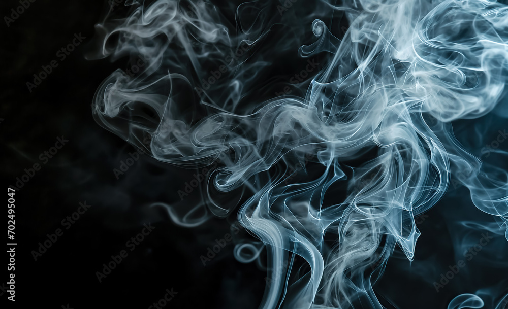 White smoke on black background.  illuminated incense. Dark backdrop, graphic resource for montage, overlay or texture