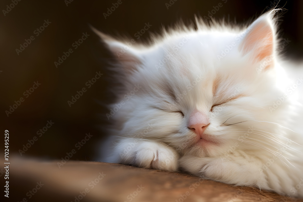 Cute little white kitten sleeping peacefully, photo of a cute sleeping kitten