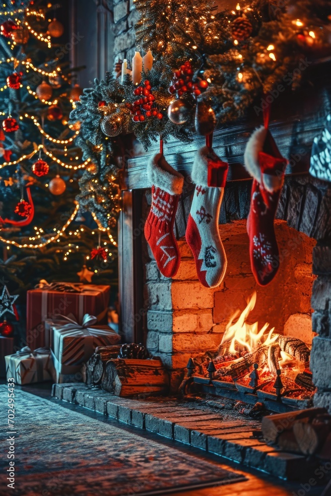 A cozy fireplace with stockings hanging over it next to a beautifully decorated Christmas tree. Perfect for creating a warm and festive atmosphere during the holiday season