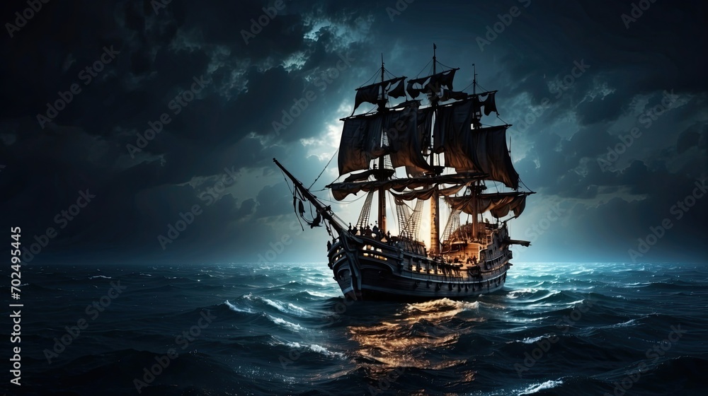 Old pirate ship in the sea at night, pirate ship at night, pirate ship sailing on the sea Old pirate ship in the sea at night, pirate ship at night, pirate ship sailing on the sea