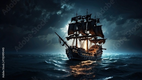 Old pirate ship in the sea at night, pirate ship at night, pirate ship sailing on the sea