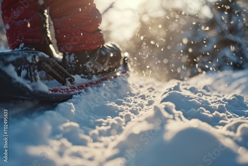A close up view of a snowboarder's feet in the snow. This image can be used to showcase winter sports or as a representation of outdoor adventure