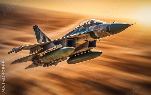 Fighter plane flying fast on sky