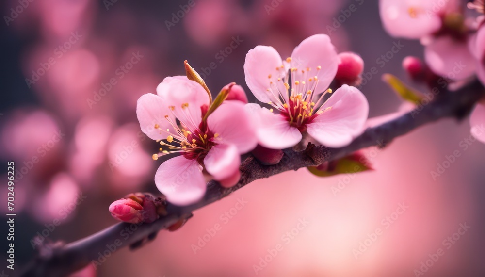 Blossoming pink cherry flowers in soft light