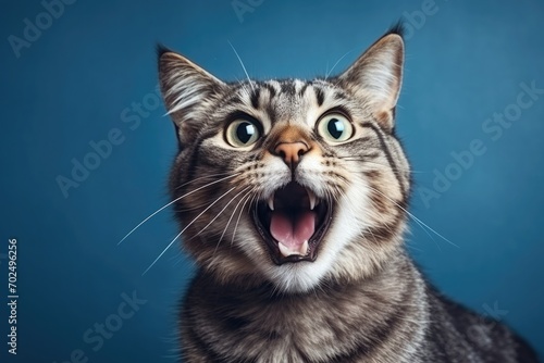 Upset cat, kitten screaming and crying with opened mouth. fluffy home pet is angry and swears on a blue background.