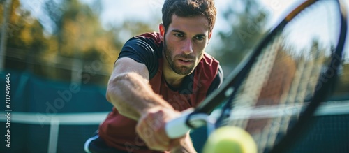 Male tennis player focused, practicing for competition on a court.