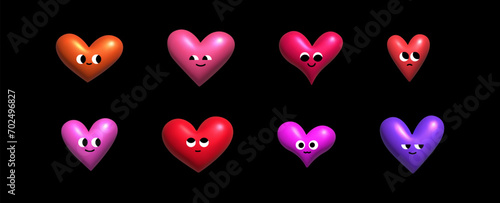 Cartoon inflatable heart characters with funny faces emoticon. Valentine day symbol. Inflated 3D element with the plasticine effect. Set cartoon heart shapes. Vector illustration