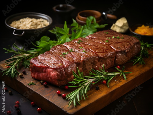 A delicious juicy steak on a wooden cutting board photo