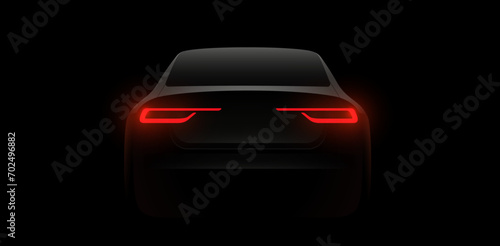 Back car silhouette with rear red lights on dark black background, wallpaper, banner template. Vector illustration