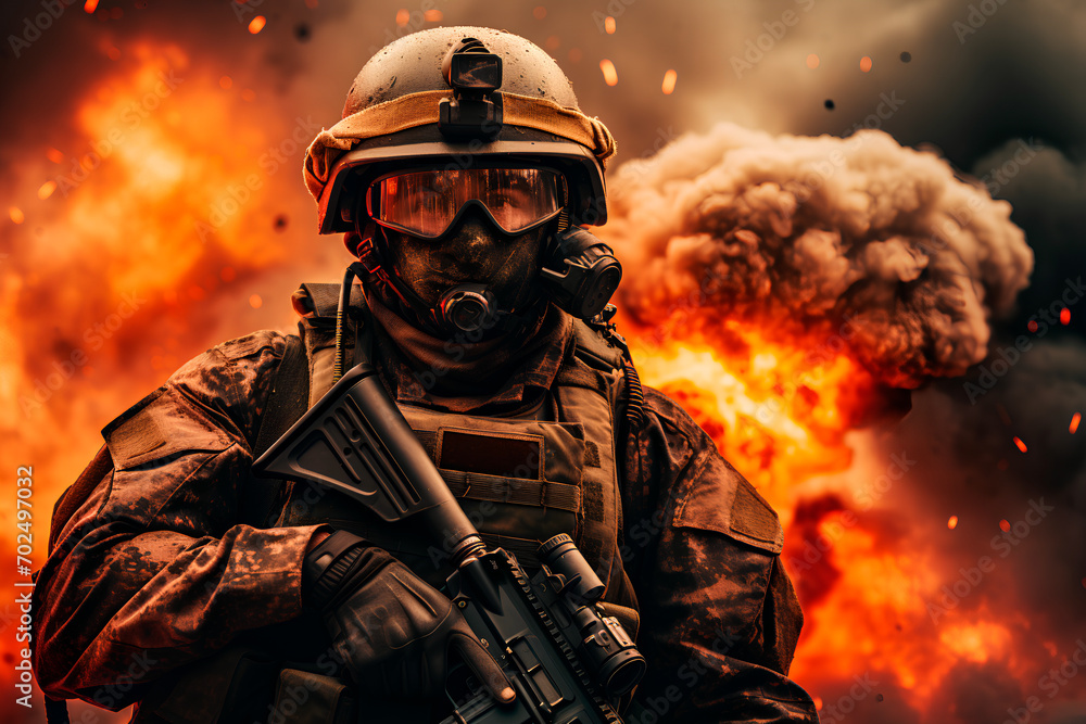 An image depicts a resilient soldier, armed and enduring the ravages of apocalyptic warfare, navigating through a landscape marred by explosions and chaos. An image depicts a resilient soldier, armed and enduring the ravages of apocalyptic warfare, navigating through a landscape marred by explosions and chaos.