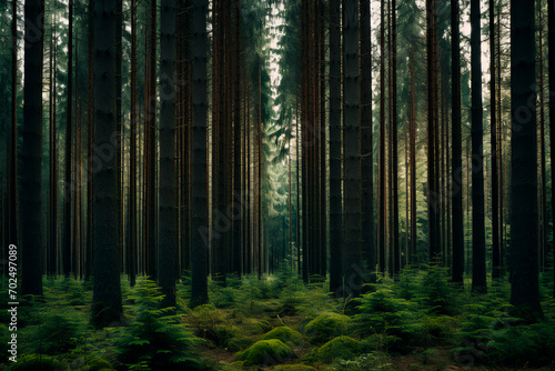 A thick coniferous forest reveals tightly packed vertical spaces amidst the evergreen tree trunks.