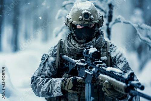 Soldiers, clad in winter camouflage, execute an Arctic warfare operation in cold conditions, armed and positioned within a snowy forest battlefield.       © Uliana