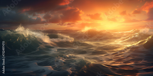 A large wave crashing in the ocean at sunset. Perfect for beach and nature-themed designs.