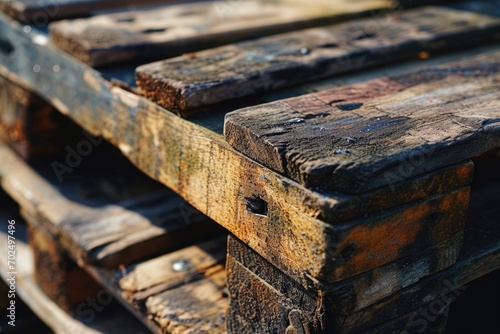 A detailed view of a collection of wooden pallets. Perfect for industrial or shipping-related projects