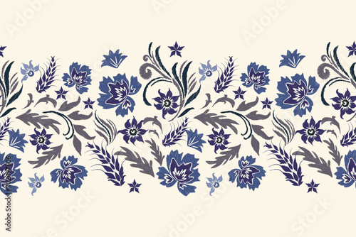 Ethnic Floral border pattern seamless  vintage flower embroidery on white background. Ethnic flower motif  oriental  batik style abstract vector illustration vintage design for print template.