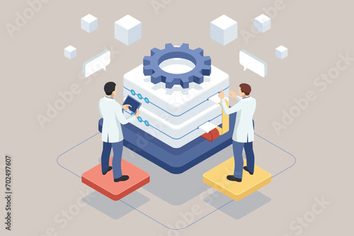 Isometric database and cloud data storage concept, server room, accumulation of information