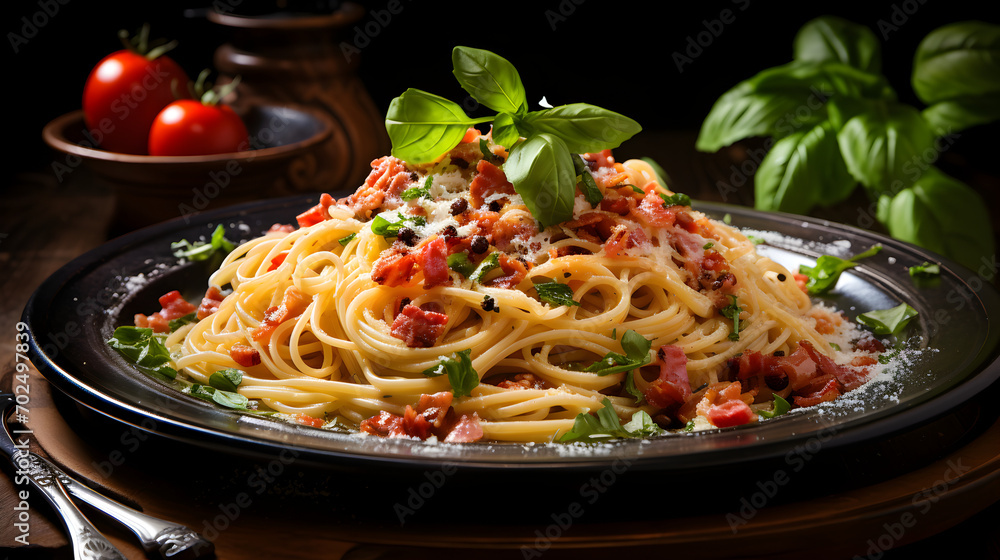 spaghetti in the dish on the wooden table spaghetti in the dish on the wooden table