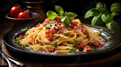 spaghetti in the dish on the wooden table
