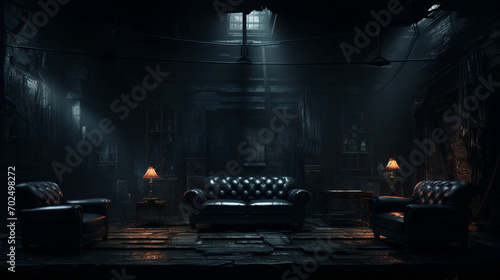 Dark Noir Atmosphere with Black Sofa - A Moody and Atmospheric Setting for Dramatic Interiors