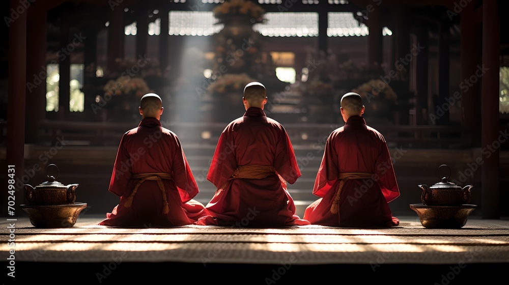 Buddhist Monks Meditating in the Tranquil Ambience of a Dimly Lit Temple Buddhist Monks Meditating in the Tranquil Ambience of a Dimly Lit Temple