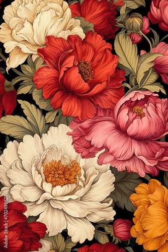 Kitsch Peony Floral Pattern Retro Flowers Textile Print Vintage Wallpaper Fashion Garden Style Clothing Cottagecore Design