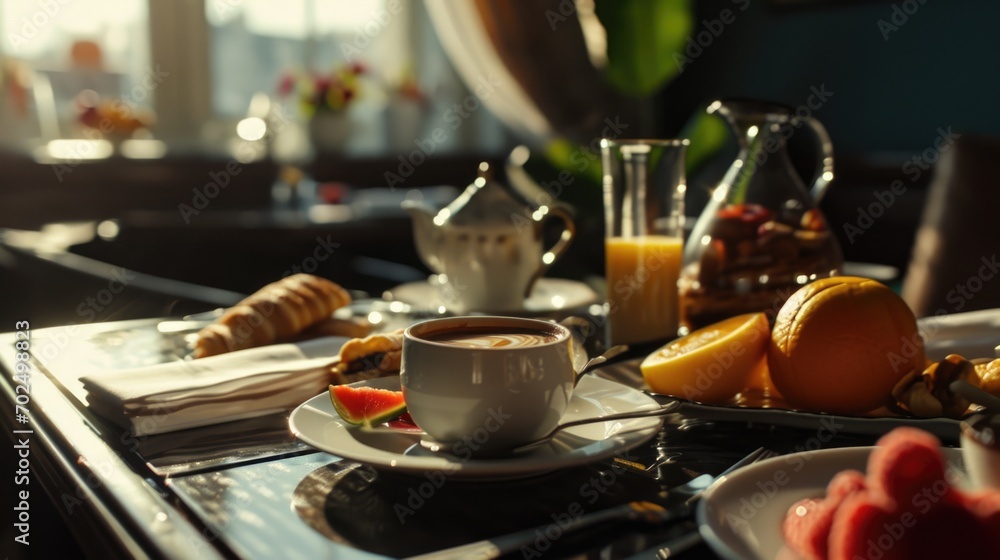 A tray of food and a cup of coffee placed on a table. This image can be used to showcase a delicious meal or a cozy coffee break.