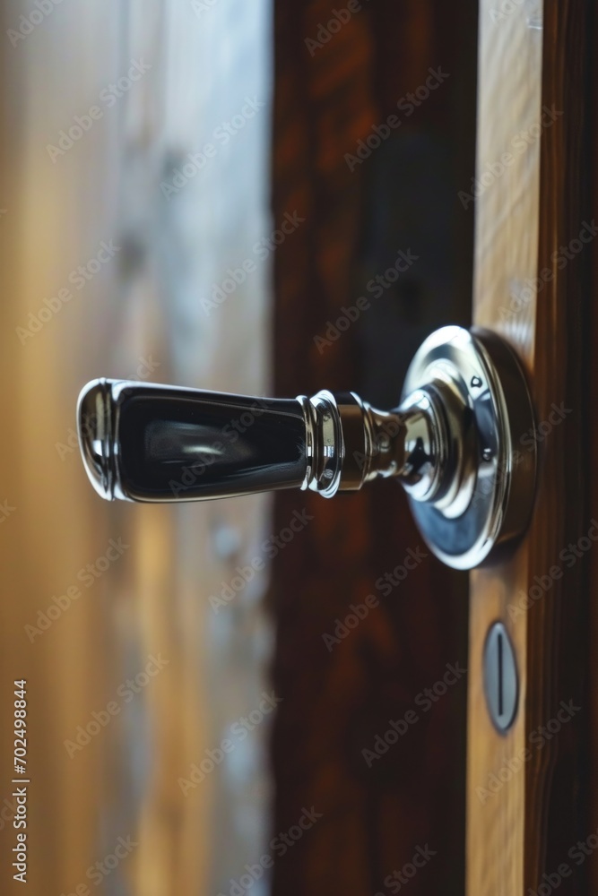 A detailed close-up of a door handle on a wooden door. Perfect for home improvement and architectural designs A detailed close-up of a door handle on a wooden door. Perfect for home improvement and architectural designs
