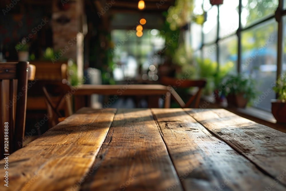 A wooden table placed in front of a window. Perfect for adding a touch of rustic charm to any space A wooden table placed in front of a window. Perfect for adding a touch of rustic charm to any space